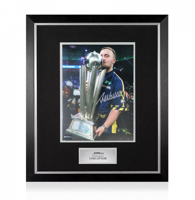 Luke Littler Signed Photo In Premium Photo Frame: World Darts Championship Trophy