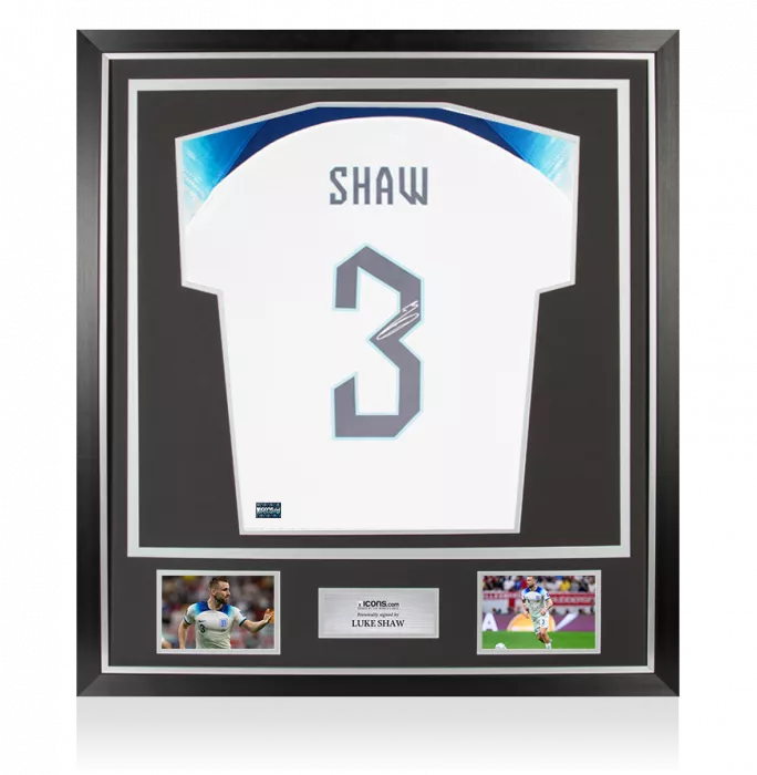 Luke Shaw Back Signed England 2022 Home Shirt with Fan Style Numbers In Classic Frame