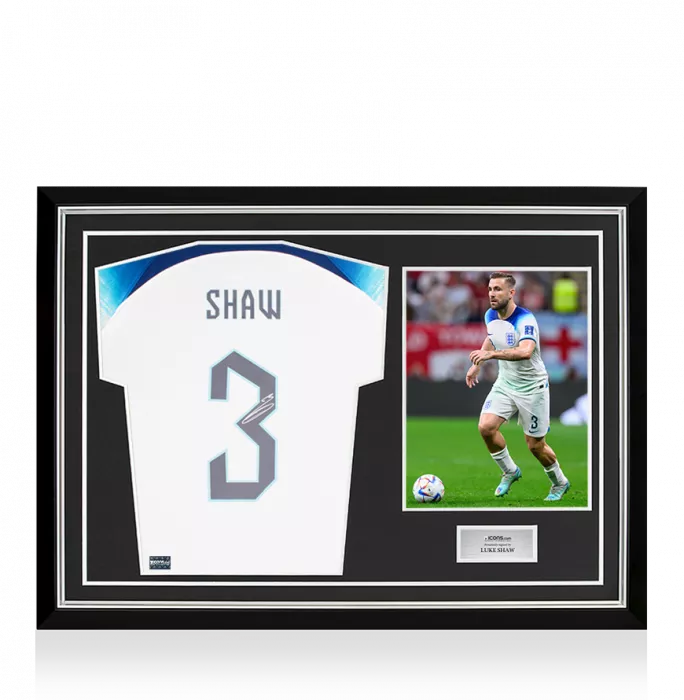 Luke Shaw Back Signed England 2022 Home Shirt with Fan Style Numbers In Hero Frame: Option 1
