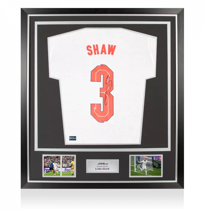 Luke Shaw Back Signed England Home T-Shirt In Classic Frame