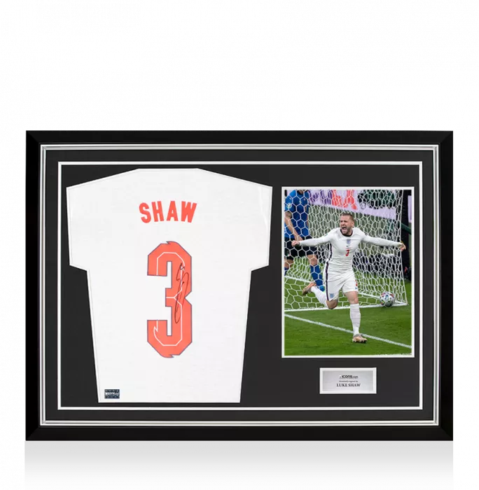 Luke Shaw Back Signed England Home T-Shirt In Hero Frame: Option 1