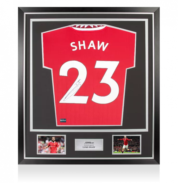 Luke Shaw Back Signed Manchester United 2022-23 Home Shirt with Fan Style Numbers In Classic Frame
