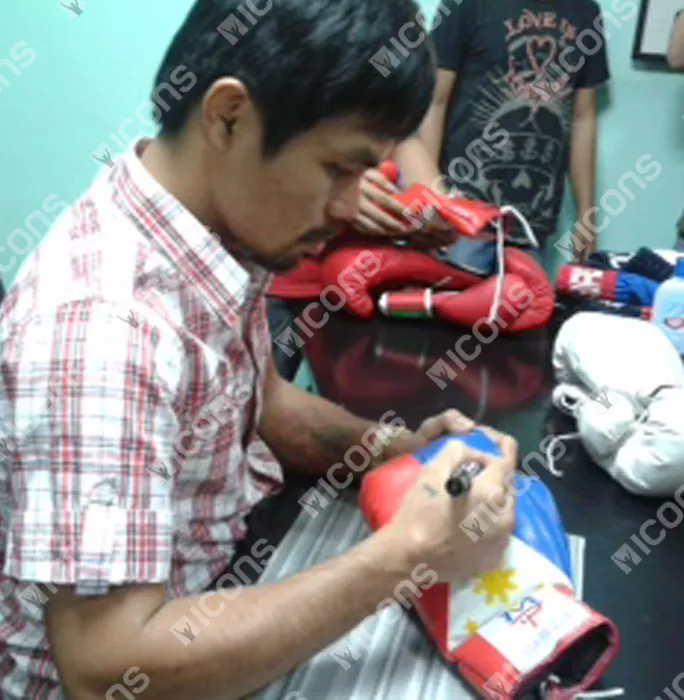 Manny Pacquiao Signed Blue White And Red Team Pacquiao Boxing Glove In Acrylic Case