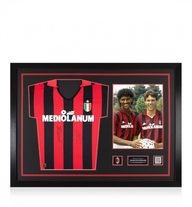 Marco van Basten & Frank Rijkaard Official AC Milan Front Signed and Framed Retro Home Shirt