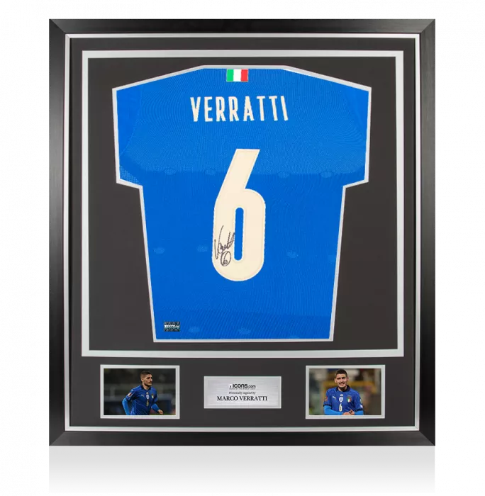 Marco Verratti Back Signed Italy 2018 Home Shirt with Fan Style Numbers In Classic Frame