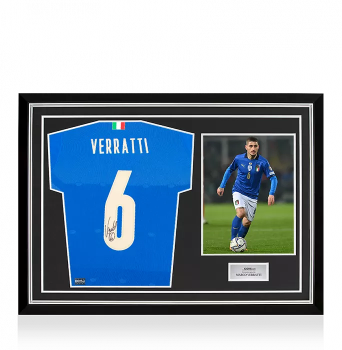 Marco Verratti Back Signed Italy 2018 Home Shirt with Fan Style Numbers In Hero Frame: Option 1