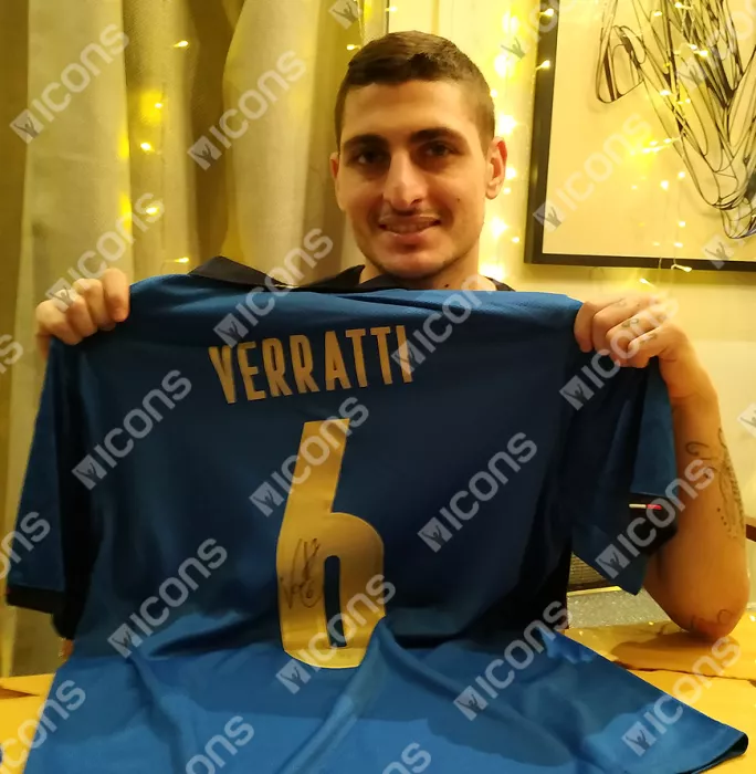 Marco Verratti Back Signed Italy 2020-21 Home Shirt In Classic Frame