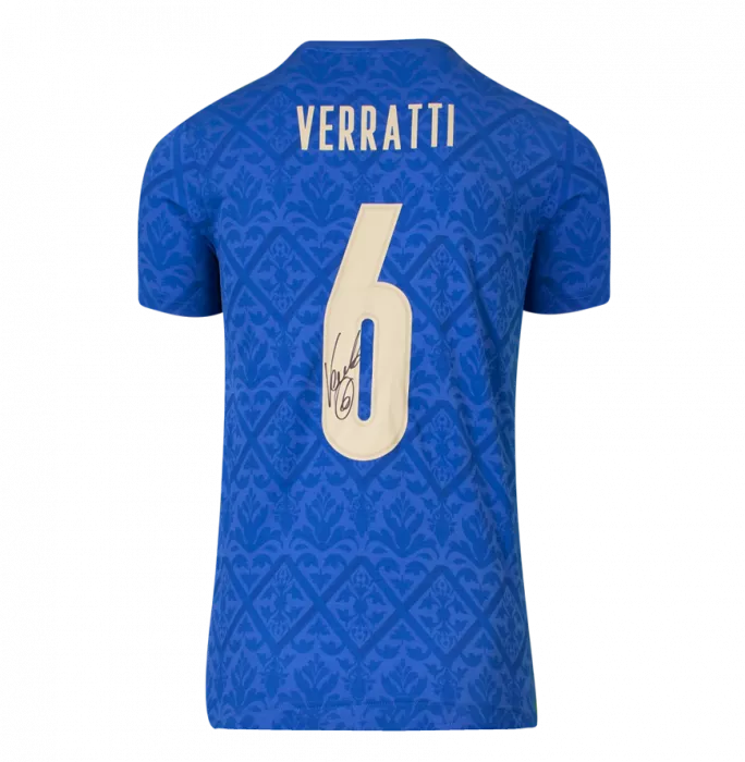Marco Verratti Back Signed Italy 2020 Champions T-Shirt With Fan Style Numbers (XL Boys) In Hero Frame: Option 1