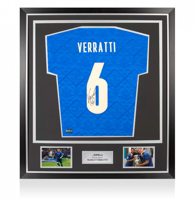 Marco Verratti Back Signed Italy 2020 Champions T-Shirt with Fan Style Numbers (XL Boys) In Classic Frame