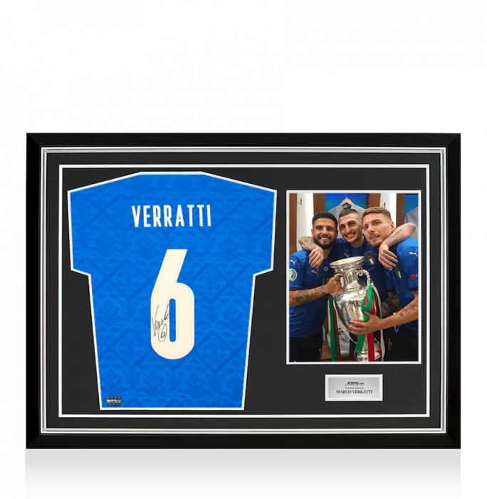 Marco Verratti Back Signed Italy 2020 Champions T-Shirt with Fan Style Numbers (XL Boys) In Hero Frame: Option 1