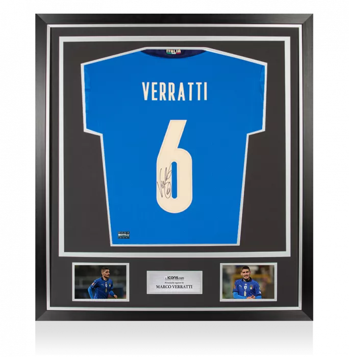 Marco Verratti Back Signed Italy 2020 Home Shirt with Fan Style Numbers In Classic Frame