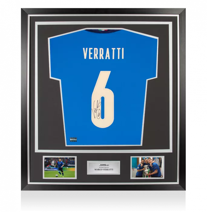 Marco Verratti Back Signed Italy 2020 Home Shirt with Fan Style Numbers In Classic Frame