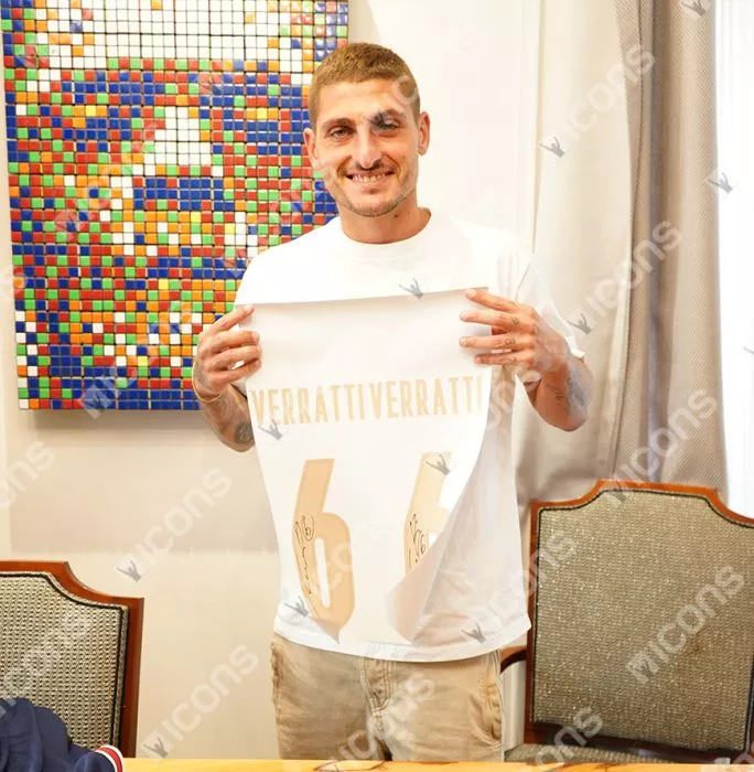 Marco Verratti Back Signed Italy Modern Shirt In Deluxe Packaging