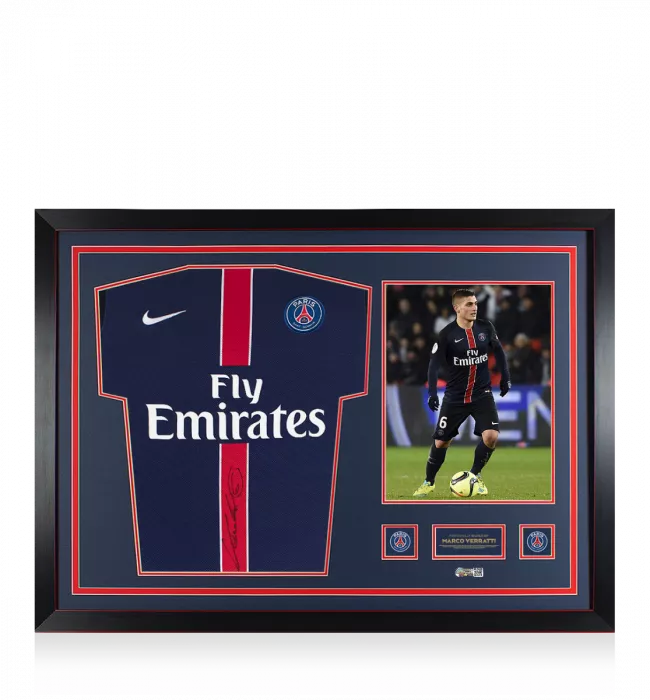 Marco Verratti Front Signed Paris Saint-Germain 2015-16 Home Shirt: Signed In Silver