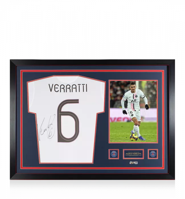 Marco Verratti Official Paris Saint-Germain Back Signed and Framed 2021-22 Away Shirt With Fan Style Number