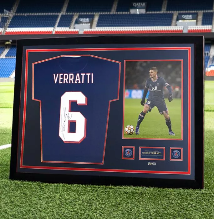 Marco Verratti Official Paris Saint-Germain Back Signed And Framed 2021-22 Home Shirt With Fan Style Number