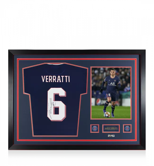 Marco Verratti Official Paris Saint-Germain Back Signed and Framed 2021-22 Home Shirt With Fan Style Number