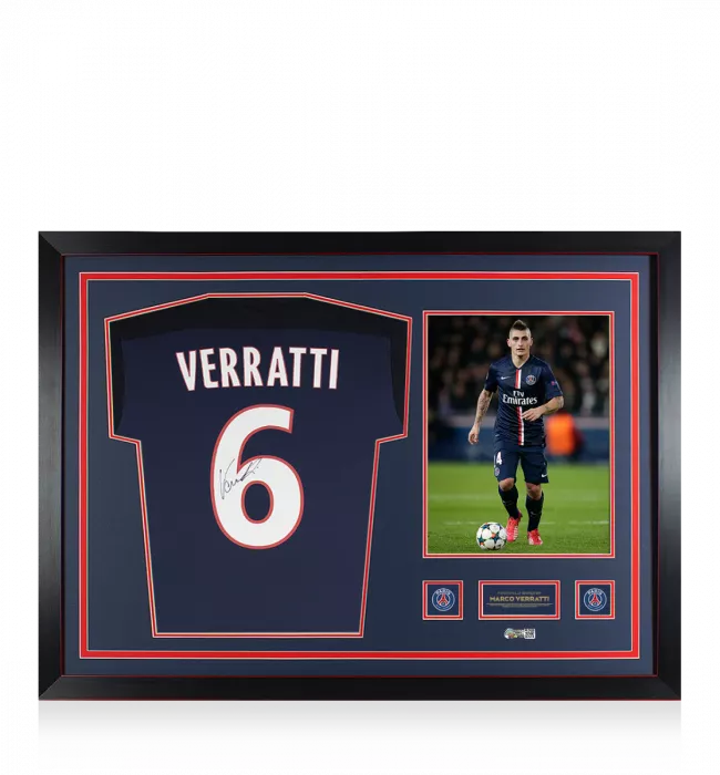 Marco Verratti Official Paris Saint-Germain Back Signed and Framed 2015-16 Home Shirt With Fan Style Numbers
