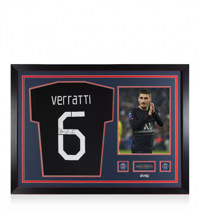 Marco Verratti Official Paris Saint-Germain Back Signed and Framed 2021-22 Third Shirt With Fan Style Number