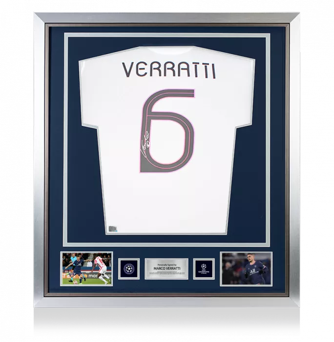 Marco Verratti Official UEFA Champions League Back Signed and Framed Paris Saint-Germain 2021-22 Away Shirt