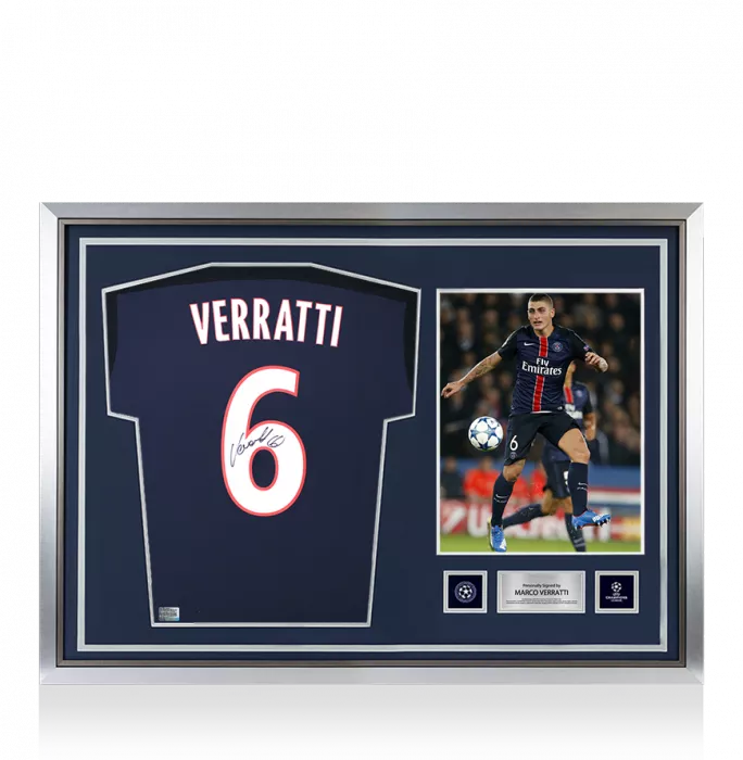 Marco Verratti Official UEFA Champions League Back Signed and Hero Framed Paris Saint-Germain 2015-16 Home Shirt With Fan Style Number