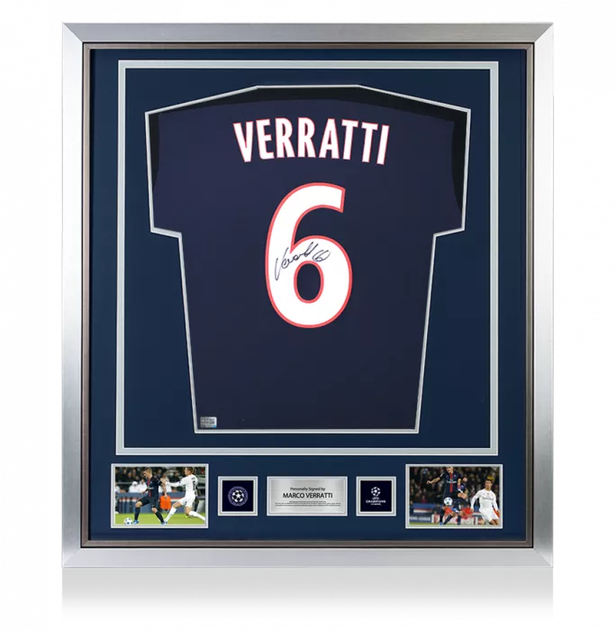 Marco Verratti Official UEFA Champions League Back Signed and Framed Paris Saint-Germain 2015-16 Home Shirt With Fan Style Number