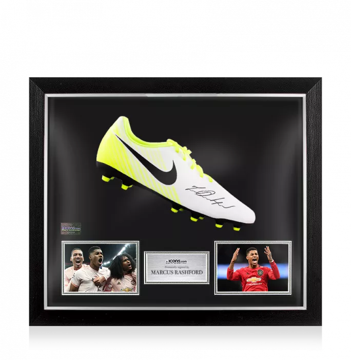 Marcus Rashford Signed White And Lime Green Nike Tiempo Boot In Bubble Frame: Option 1