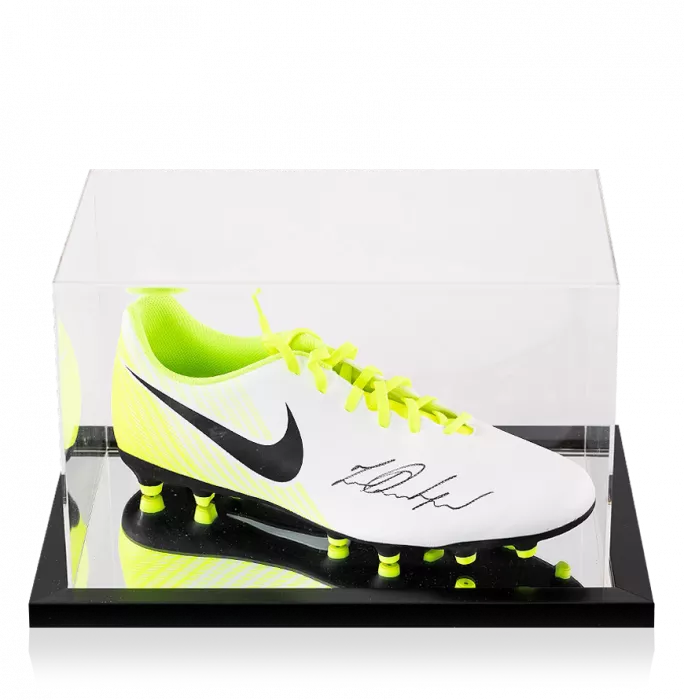 Marcus Rashford Signed White And Lime Green Nike Tiempo Boot In Acrylic Case