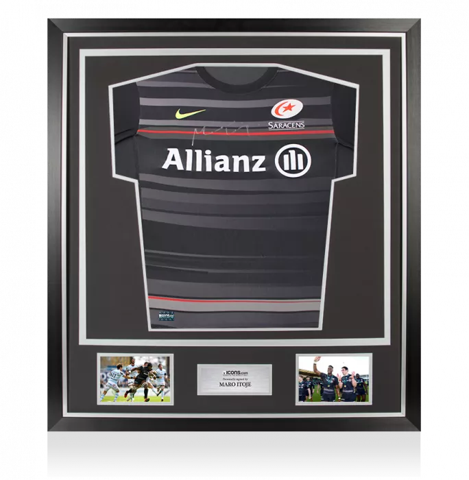 Maro Itoje Front Signed Saracens 2014-15 Home Shirt In Classic Frame