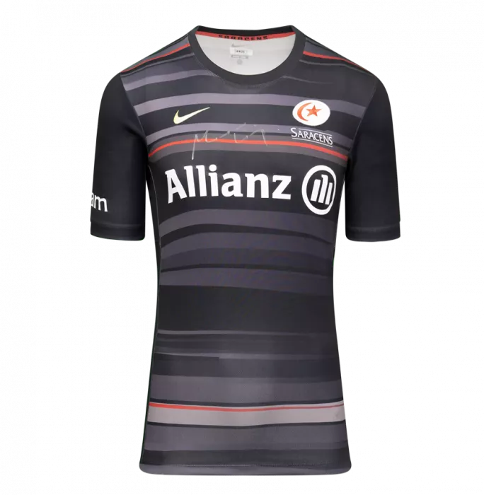Maro Itoje Front Signed Saracens 2014-15 Home Shirt In Deluxe Packaging