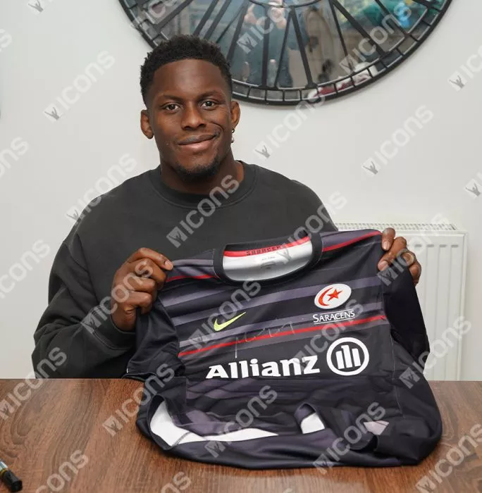 Maro Itoje Front Signed Saracens 2014-15 Home Shirt In Deluxe Packaging