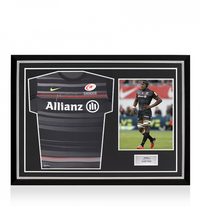 Maro Itoje Front Signed Saracens 2014-15 Home Shirt In Hero Frame: Option 1