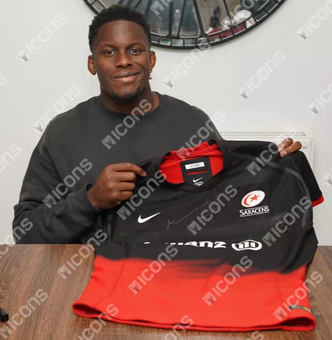 Maro Itoje Front Signed Saracens 2015-16 Authentic Home Shirt In Hero Frame: Option 1