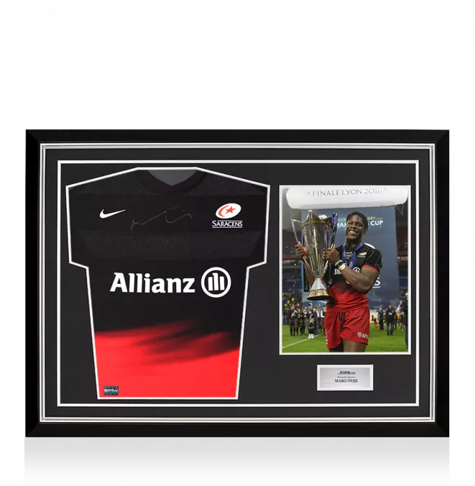 Maro Itoje Front Signed Saracens 2015-16 Authentic Home Shirt In Hero Frame: Option 1