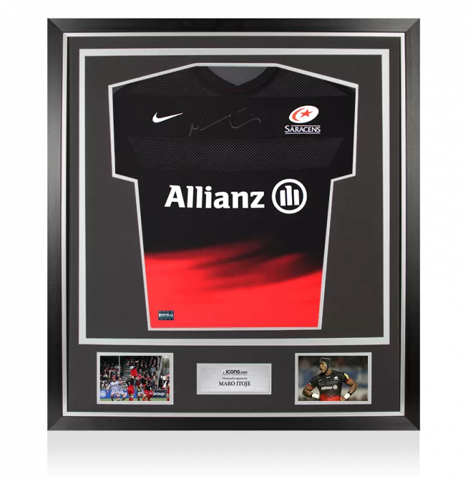Maro Itoje Front Signed Saracens 2015-16 Authentic Home Shirt In Classic Frame