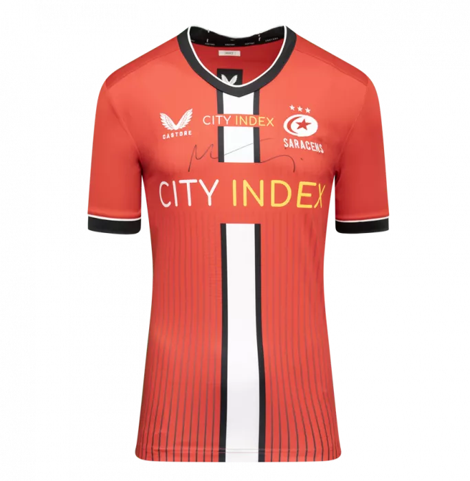 Maro Itoje Front Signed Saracens 2021-22 Away Shirt In Deluxe Packaging