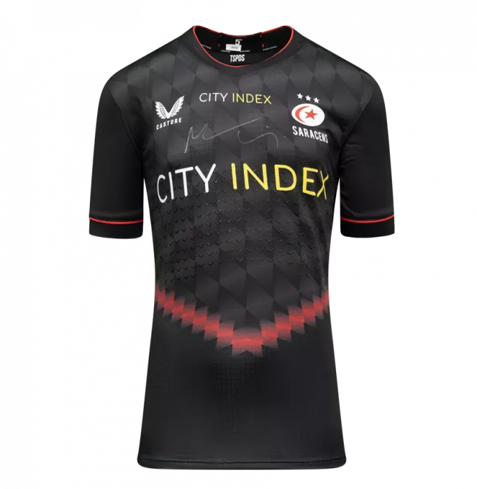 Maro Itoje Front Signed Saracens 2021-22 Home Shirt In Deluxe Packaging