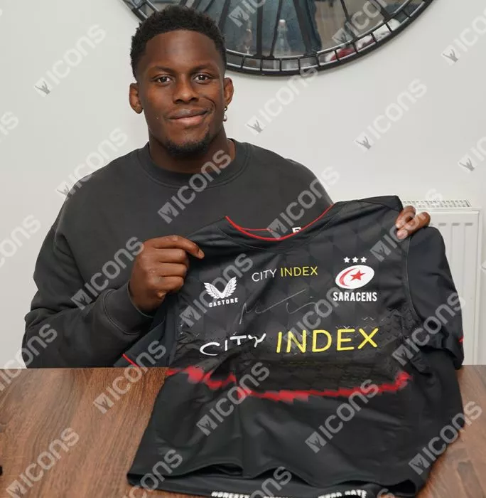 Maro Itoje Front Signed Saracens 2021-22 Home Shirt In Deluxe Packaging