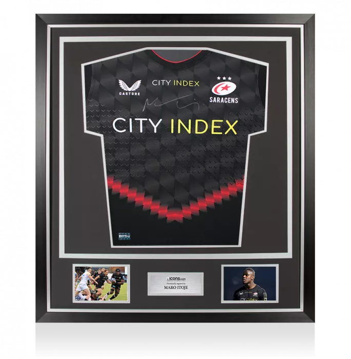 Maro Itoje Front Signed Saracens 2021-22 Home Shirt In Classic Frame