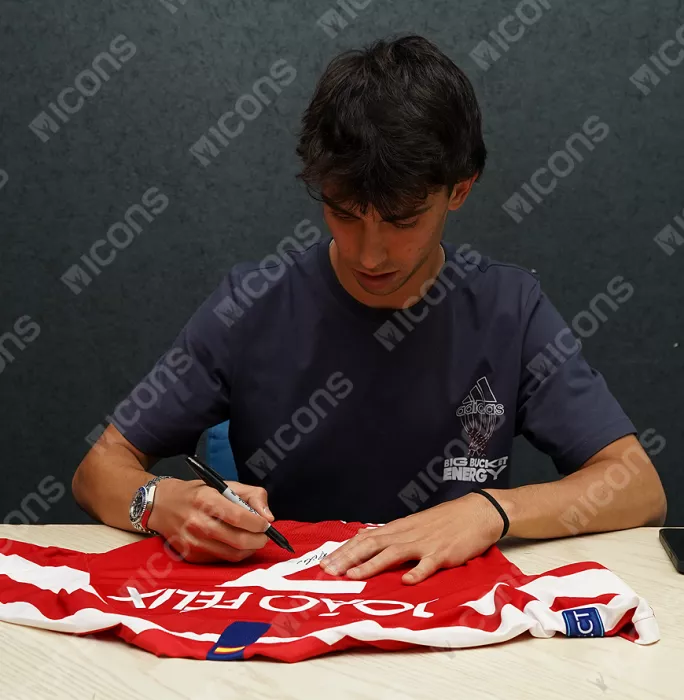MATCH ISSUE Joao Felix Back Signed Atletico Madrid 2019-20 Home Shirt: UEFA Champions League Edition In Classic Frame