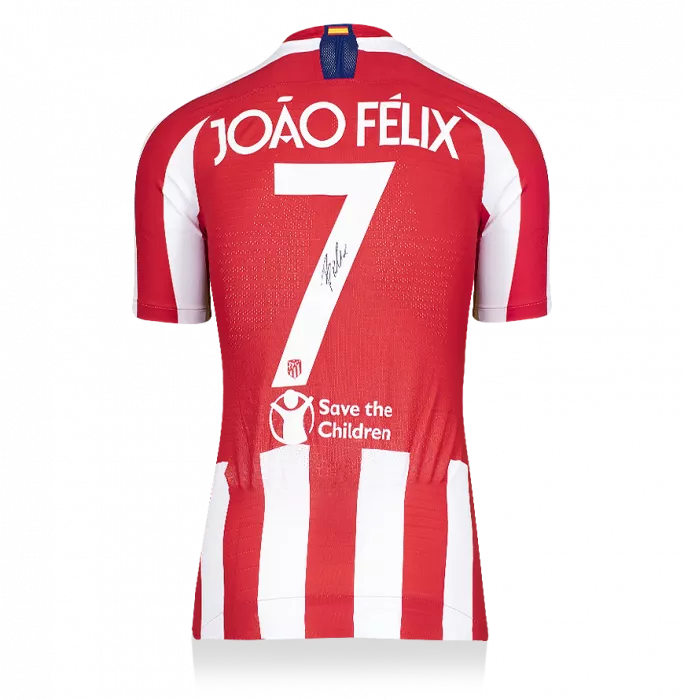 MATCH ISSUE Joao Felix Back Signed Atletico Madrid 2019-20 Home Shirt: UEFA Champions League Edition In Hero Frame: Option 1