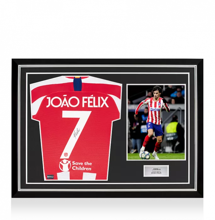 MATCH ISSUE Joao Felix Back Signed Atletico Madrid 2019-20 Home Shirt: UEFA Champions League Edition In Hero Frame: Option 1