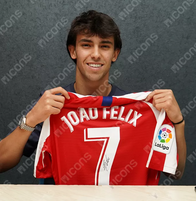 MATCH ISSUE Joao Felix Back Signed Atletico Madrid 2019-20 Home Shirt: La Liga Edition In Hero Frame: Option 1