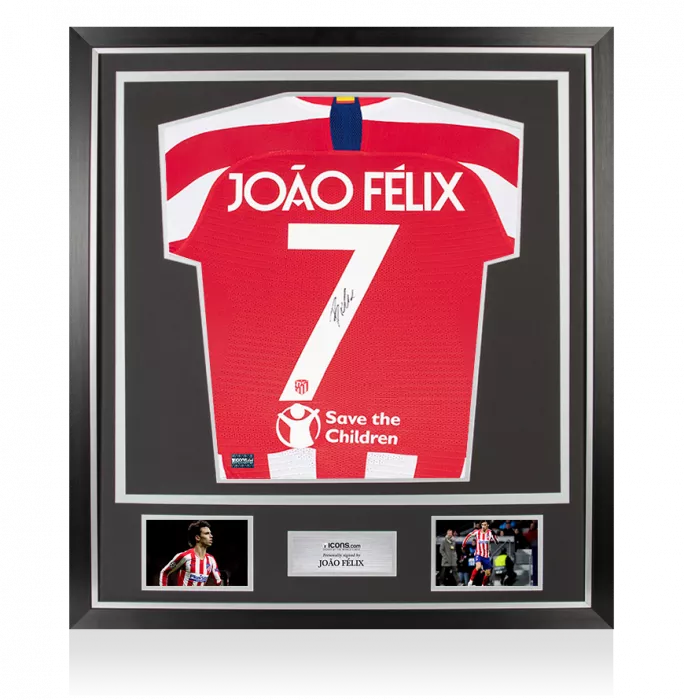 MATCH ISSUE Joao Felix Back Signed Atletico Madrid 2019-20 Home Shirt: UEFA Champions League Edition In Classic Frame
