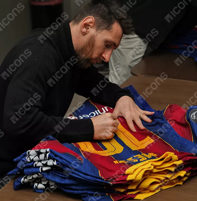 MATCH ISSUE Lionel Messi Official FC Barcelona Back Signed And Framed 2020-21 Home Shirt: UEFA Champions League Edition