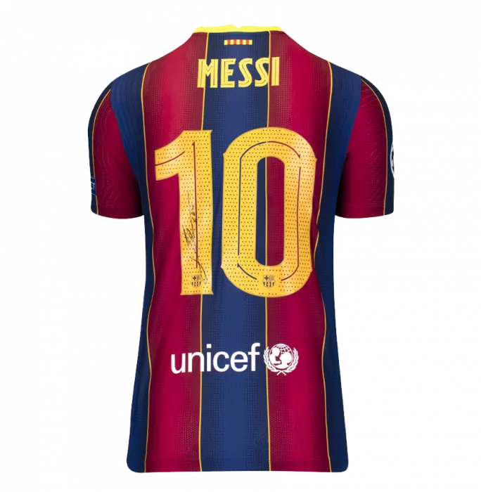 MATCH ISSUE Lionel Messi Official FC Barcelona Back Signed And Framed 2020-21 Home Shirt: UEFA Champions League Edition