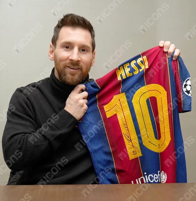 MATCH ISSUE Lionel Messi Official FC Barcelona Back Signed And Framed 2020-21 Home Shirt: UEFA Champions League Edition