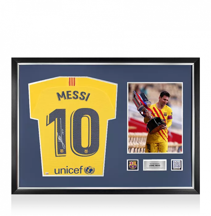 MATCH ISSUE Lionel Messi Official FC Barcelona Back Signed and Framed 2019-20 Away Shirt