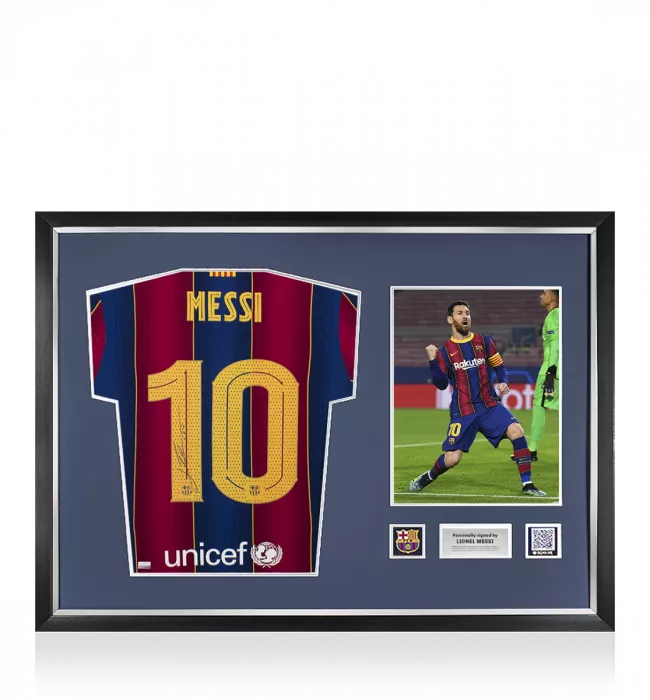 MATCH ISSUE Lionel Messi Official FC Barcelona Back Signed and Framed 2020-21 Home Shirt: UEFA Champions League Edition
