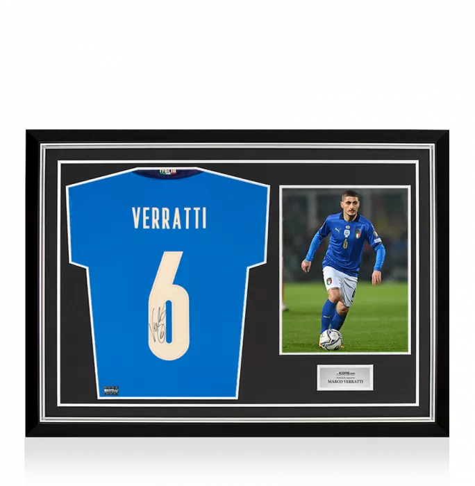 MATCH ISSUE Marco Verratti Back Signed Italy 2020 Home Shirt with Fan Style Numbers In Hero Frame: Option 1